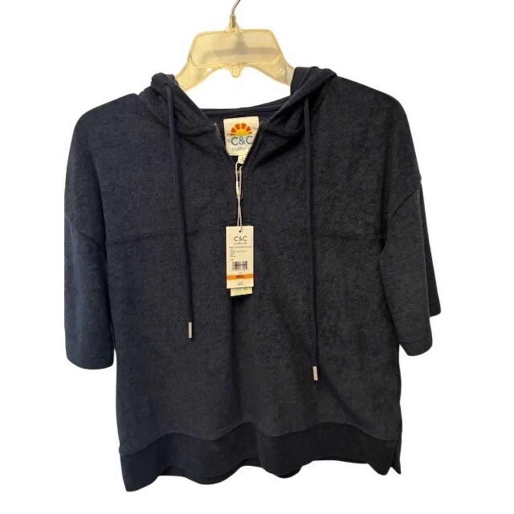 C&C California Terry Cloth Hoodie Womens Small Navy Blue NEW Short Sleeve Zip